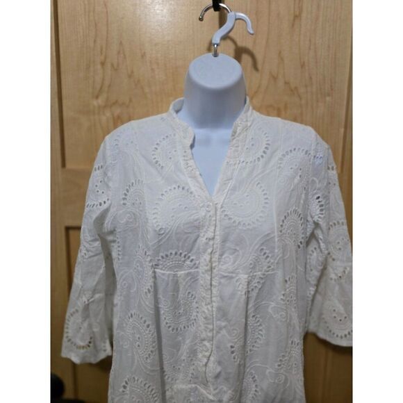 White Embroidered Eyelet Button-Front Midi Dress 3/4 Sleeves Mandarin Collar - Picture 3 of 10